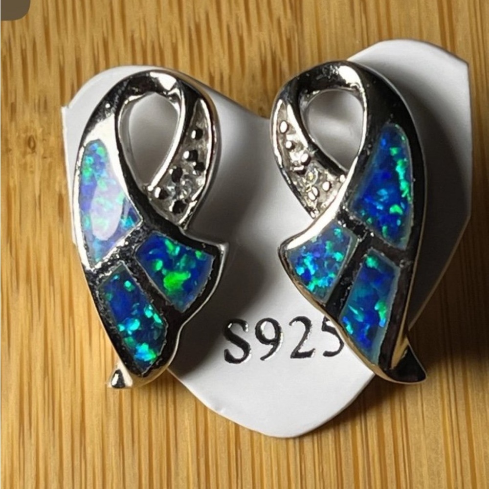 Blue Fire Opal Inlay .75 Inch 10mm Sterling Silver Earrings